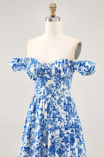 Blue Floral Corset Chiffon A Line Ruffled Maxi Wedding Guest Dress with Slit