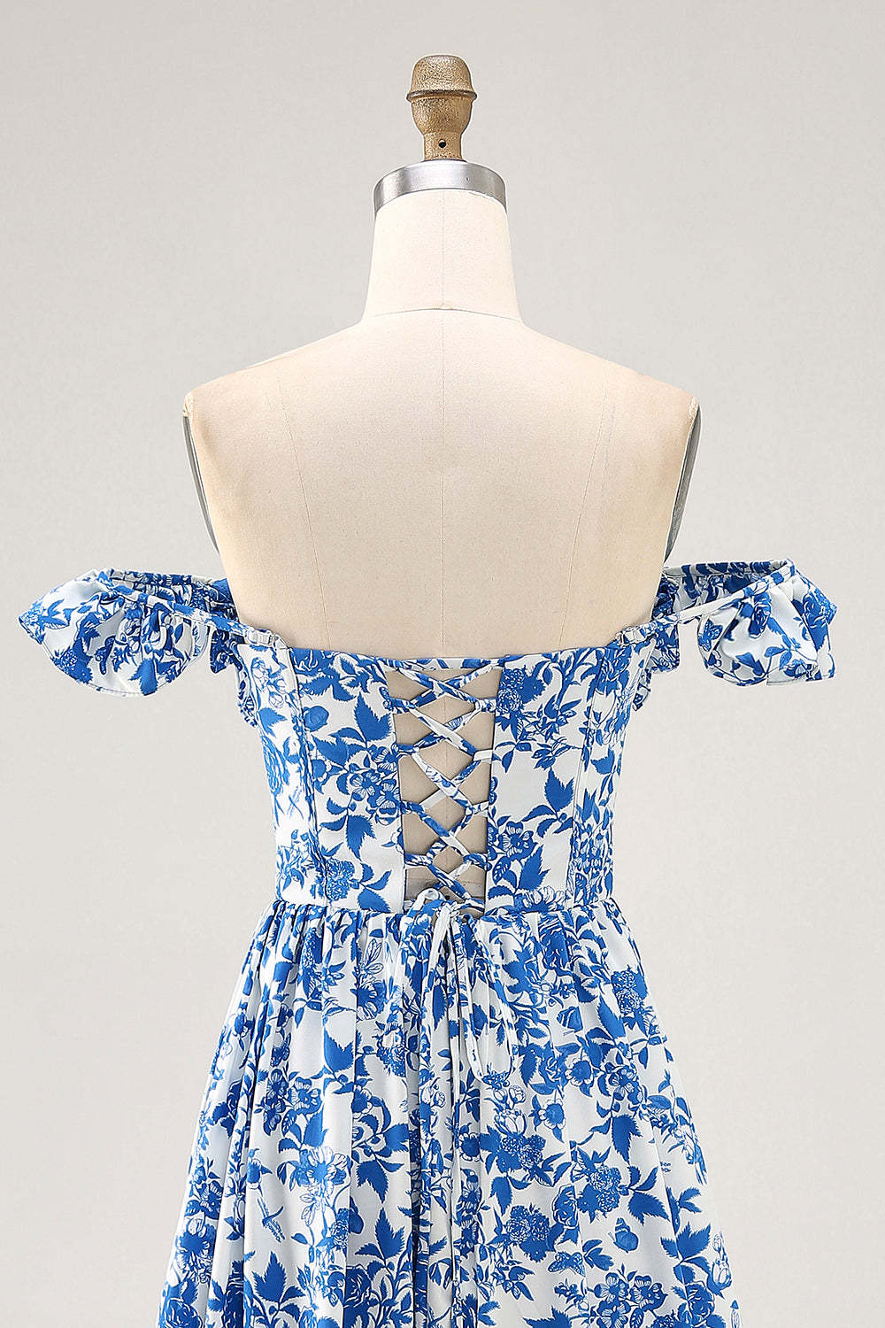 Blue Floral Corset Chiffon A Line Ruffled Maxi Wedding Guest Dress with Slit