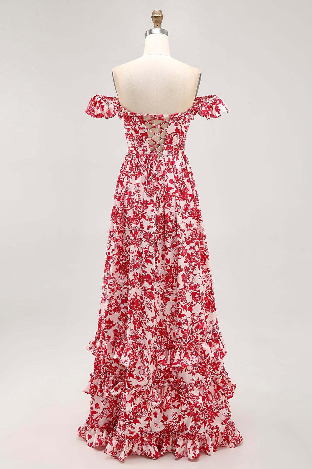 Blue Floral Corset Chiffon A Line Ruffled Maxi Wedding Guest Dress with Slit