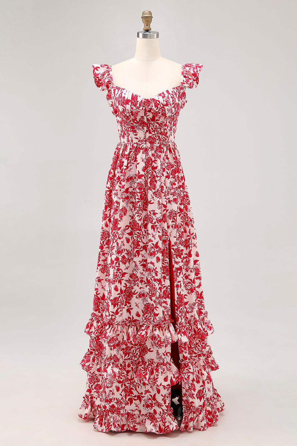 Blue Floral Corset Chiffon A Line Ruffled Maxi Wedding Guest Dress with Slit