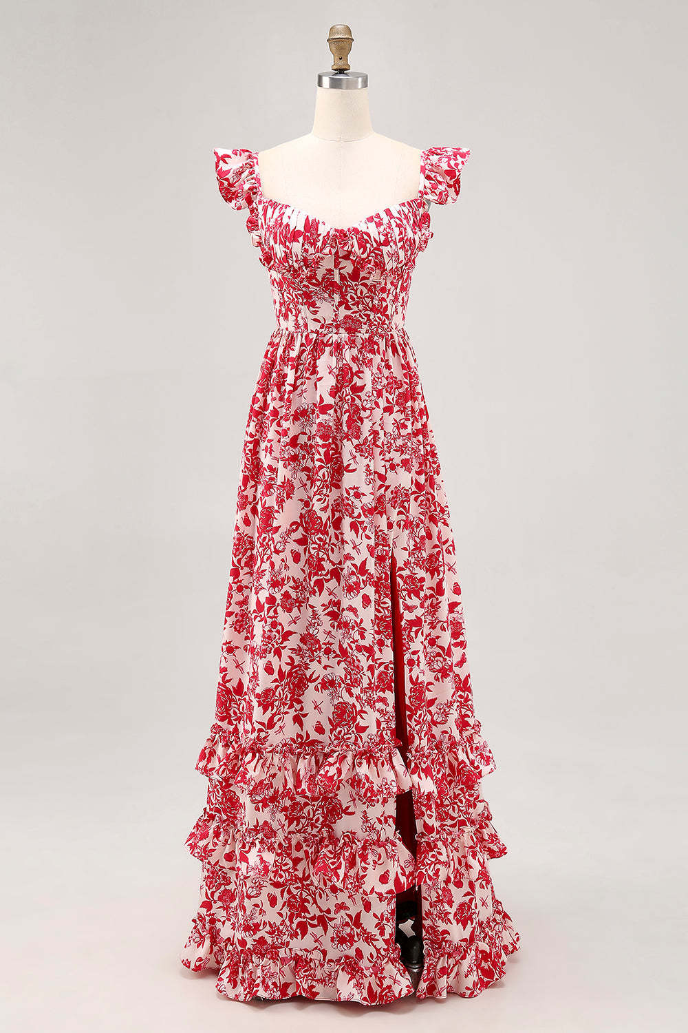 Blue Floral Corset Chiffon A Line Ruffled Maxi Wedding Guest Dress with Slit