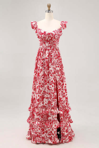 Blue Floral Corset Chiffon A Line Ruffled Maxi Wedding Guest Dress with Slit
