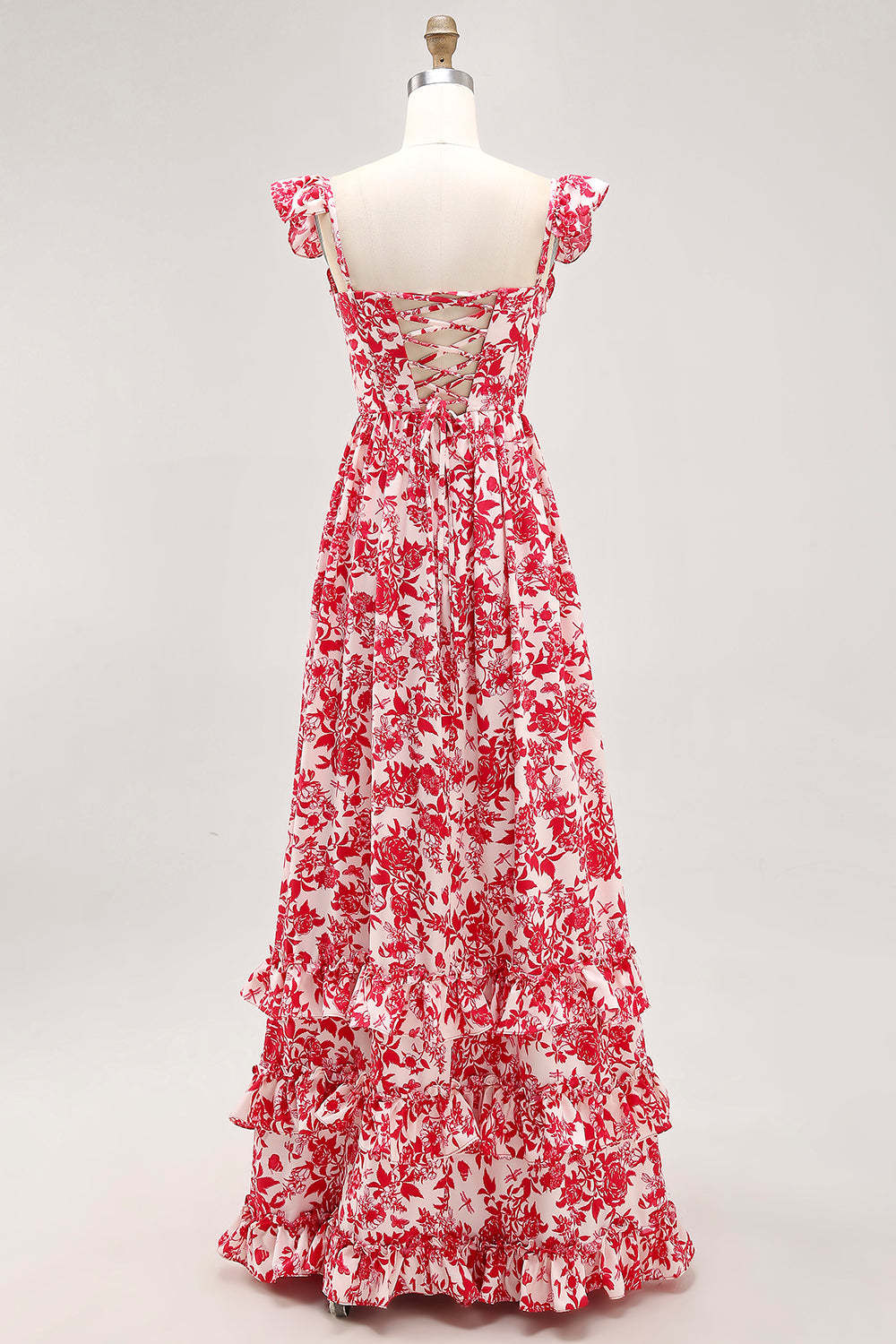 Blue Floral Corset Chiffon A Line Ruffled Maxi Wedding Guest Dress with Slit