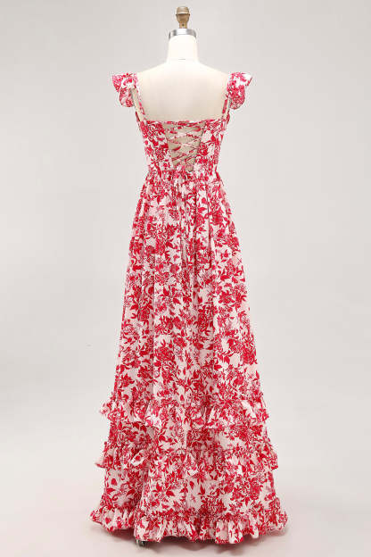Blue Floral Corset Chiffon A Line Ruffled Maxi Wedding Guest Dress with Slit