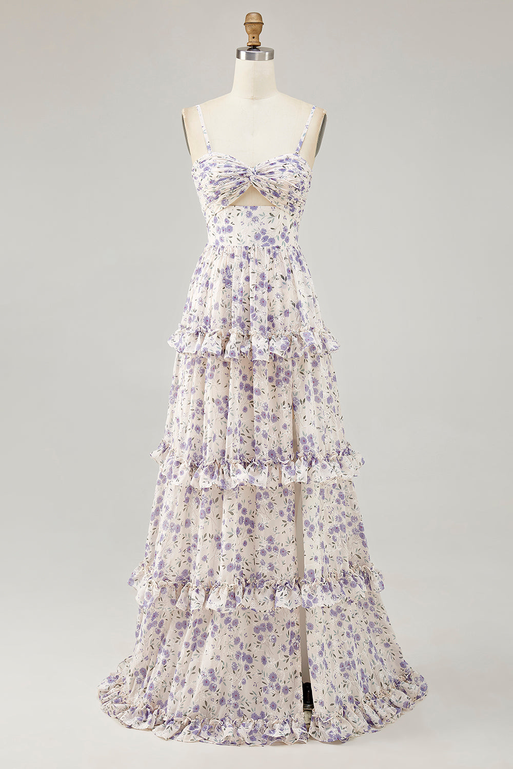 Leely Women Purple Floral Maxi Wedding Guest Dress with Slit Ruffled A Line Spaghetti Straps Cut Out Lace Up Back Bridesmaid Dress