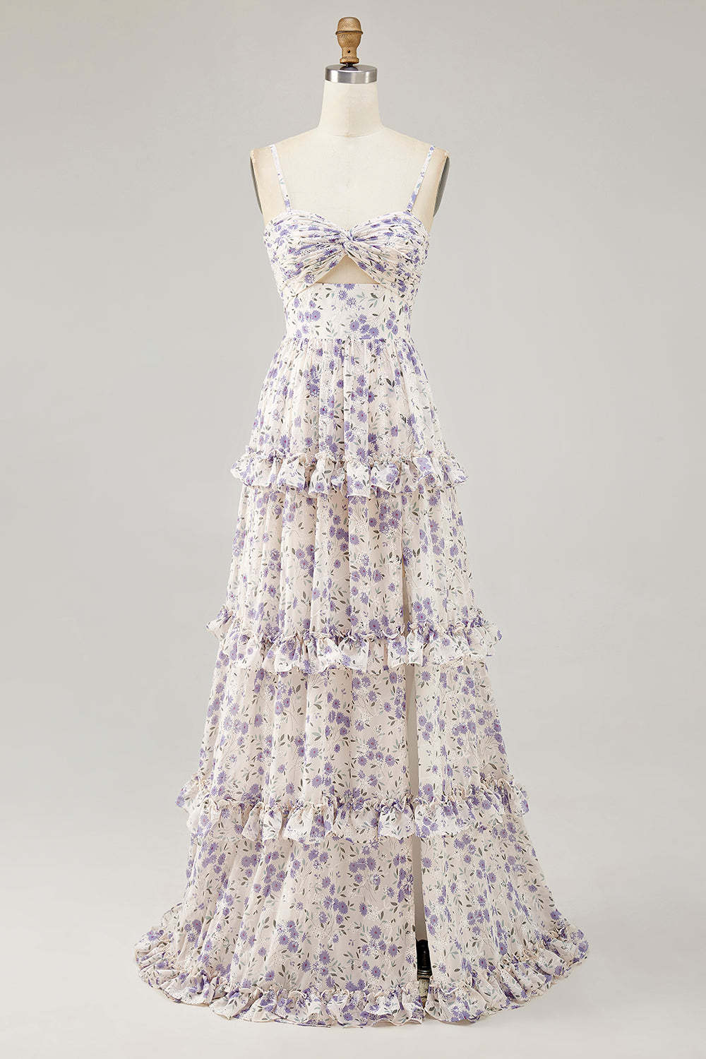 Leely Women Purple Floral Maxi Wedding Guest Dress with Slit Ruffled A Line Spaghetti Straps Cut Out Lace Up Back Bridesmaid Dress