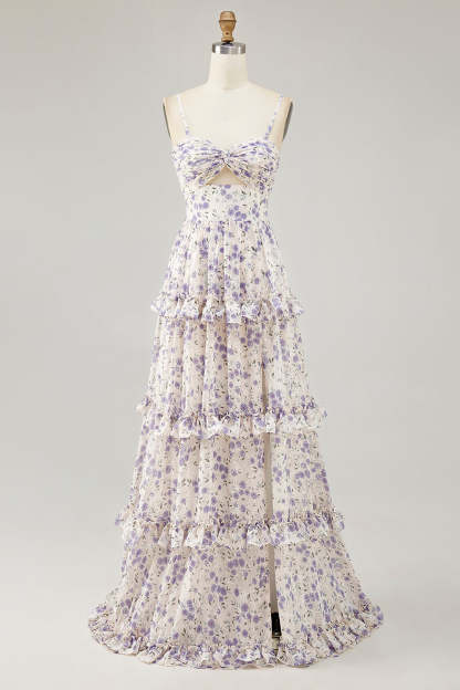 Leely Women Purple Floral Maxi Wedding Guest Dress with Slit Ruffled A Line Spaghetti Straps Cut Out Lace Up Back Bridesmaid Dress