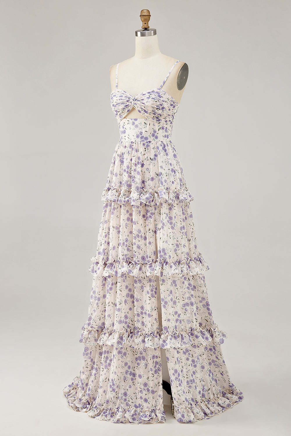 Purple Floral Cut Out Ruffled Maxi Wedding Guest Dress with Slit