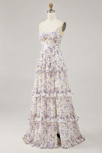 Purple Floral Cut Out Ruffled Maxi Wedding Guest Dress with Slit