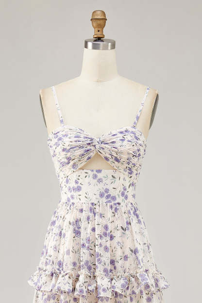Purple Floral Cut Out Ruffled Maxi Wedding Guest Dress with Slit
