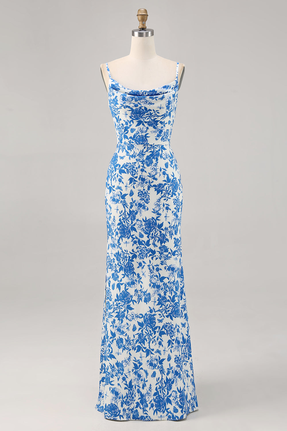 Blue Floral Cowl Neck Mermaid Maxi Wedding Guest Dress