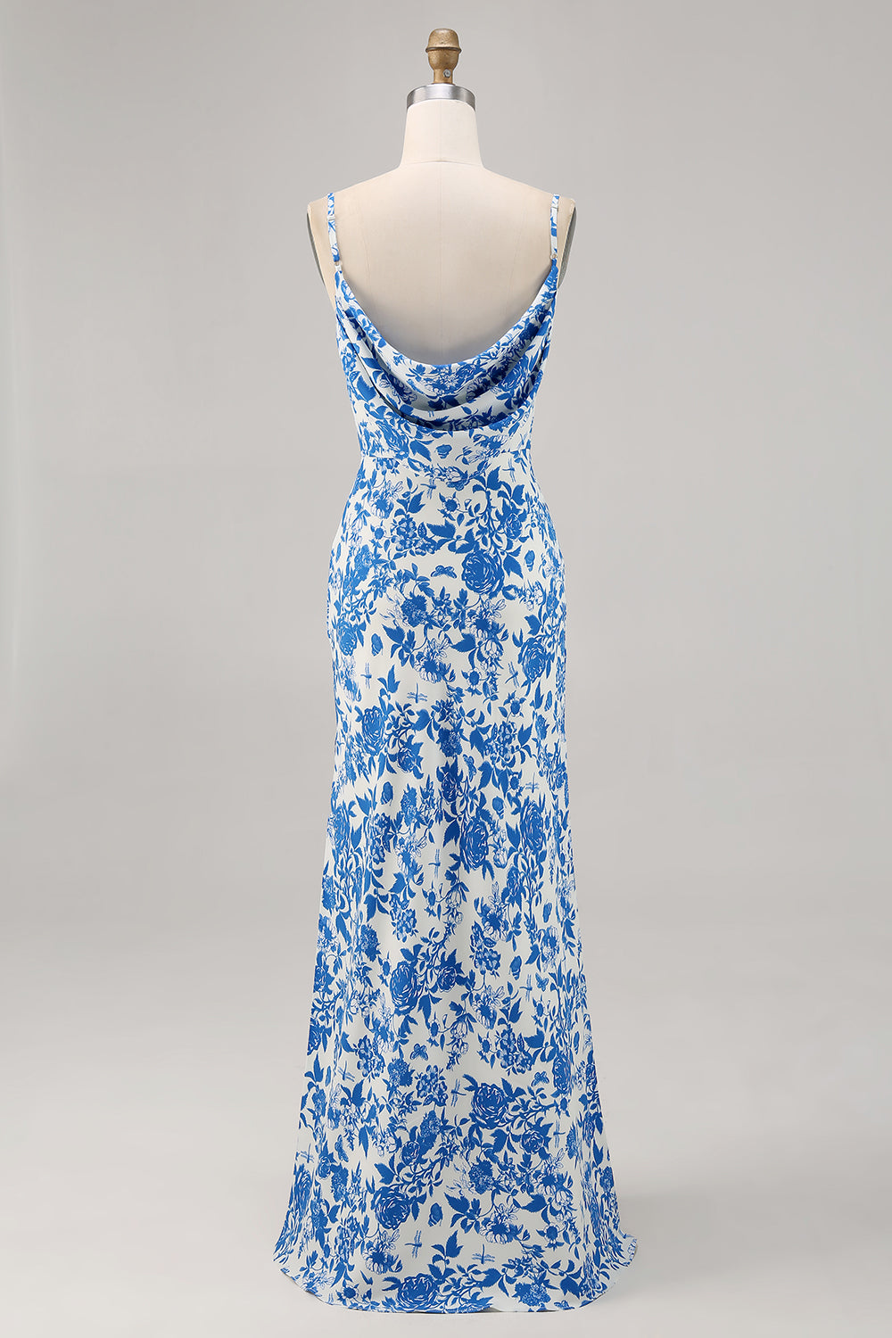 Blue Floral Cowl Neck Mermaid Maxi Wedding Guest Dress