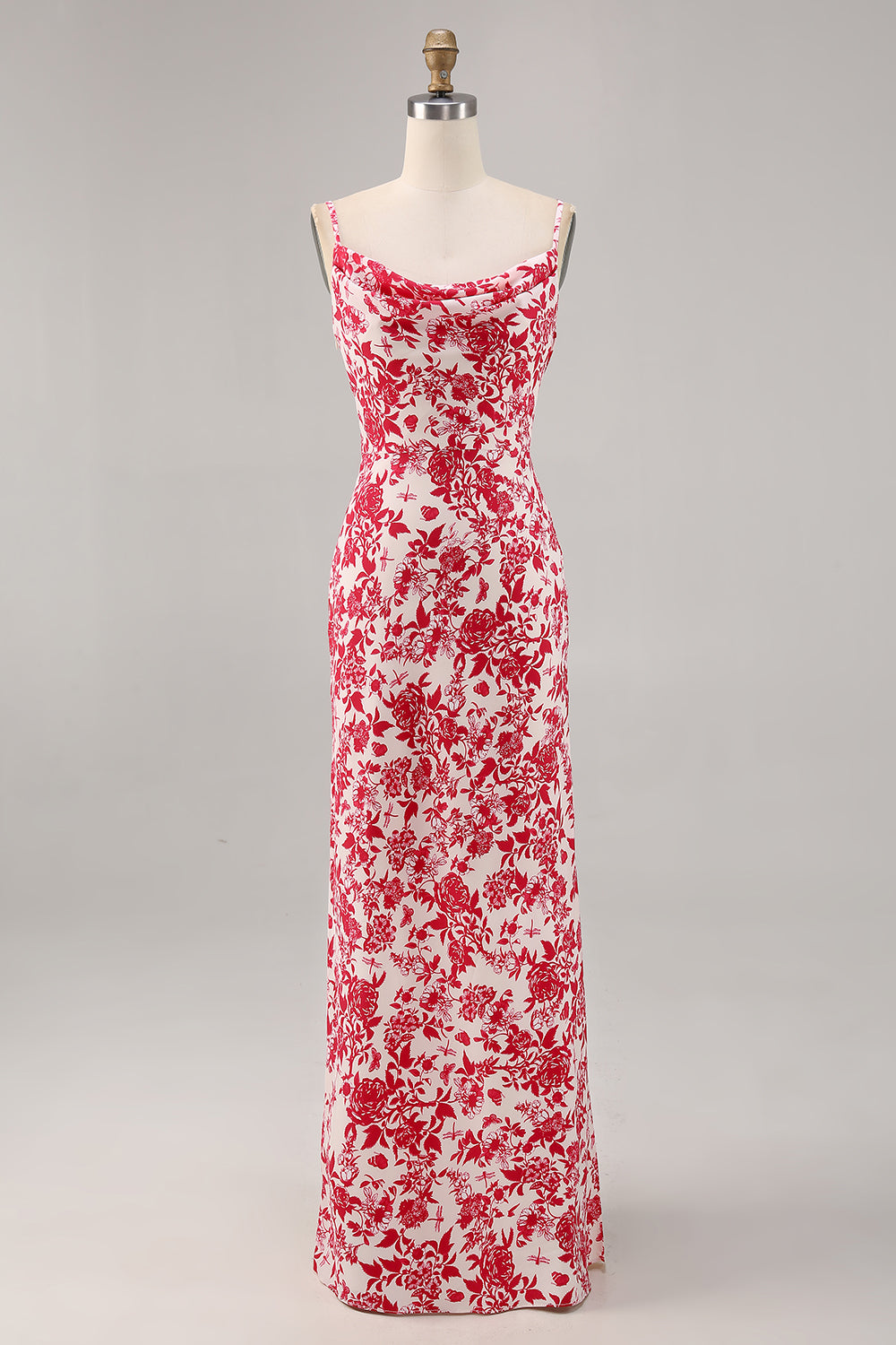 Red Mermaid Floral Spaghetti Straps Maxi Wedding Guest Dress
