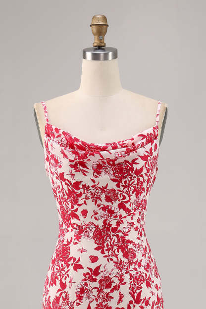 Red Mermaid Floral Spaghetti Straps Maxi Wedding Guest Dress