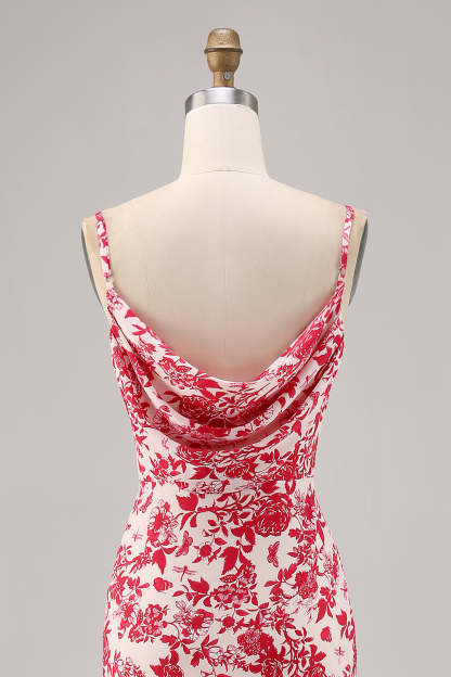 Red Mermaid Floral Spaghetti Straps Maxi Wedding Guest Dress