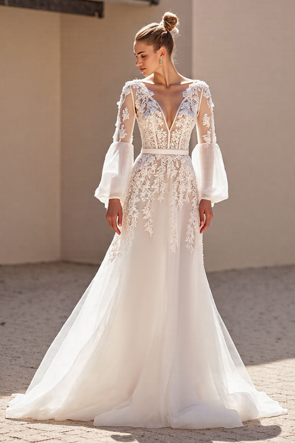 Leely Women Ivory Long Sleeves Sweep Train Wedding Dress with Lace V-Neck A Line Corset Backless Bridal Dress