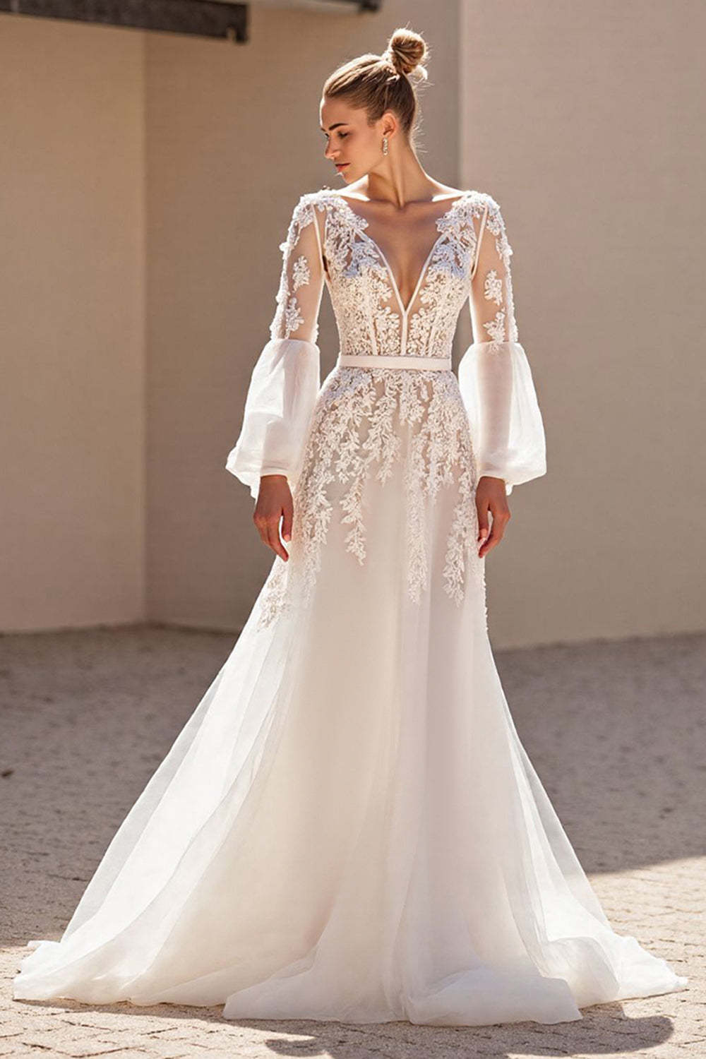Leely Women Ivory Long Sleeves Sweep Train Wedding Dress with Lace V-Neck A Line Corset Backless Bridal Dress