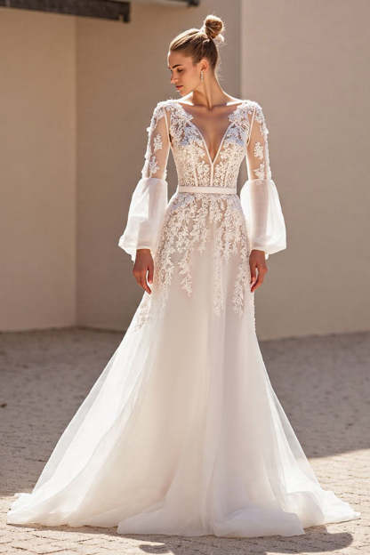 Leely Women Ivory Long Sleeves Sweep Train Wedding Dress with Lace V-Neck A Line Corset Backless Bridal Dress