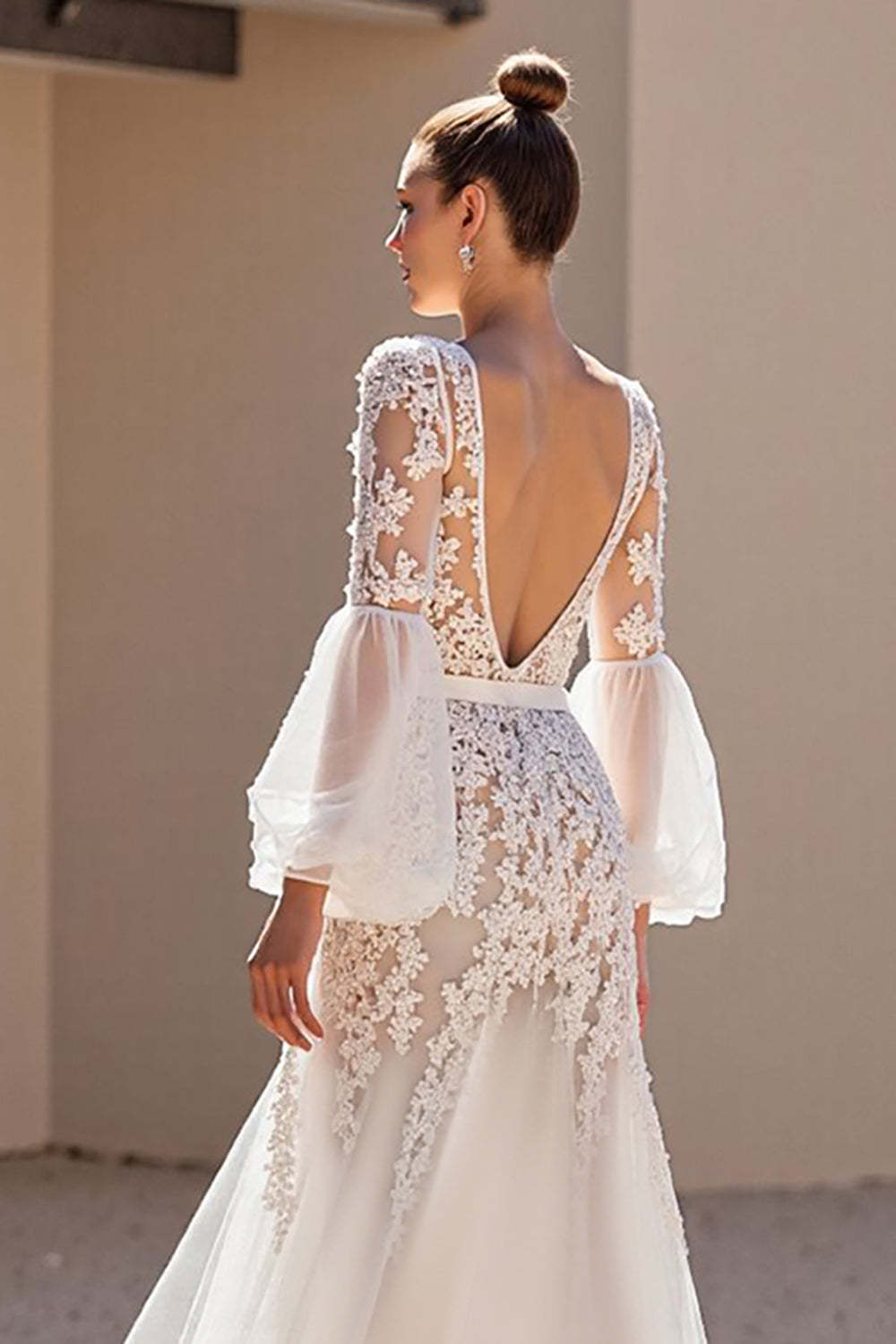 Ivory Tulle Corset V-Neck Sweep Train A Line Wedding Dress with Lace