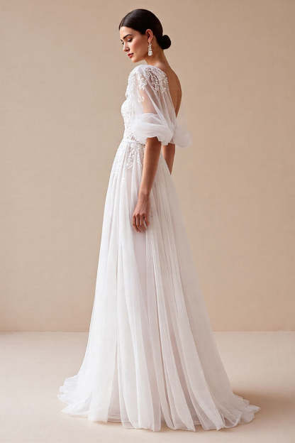 Tulle Ivory Half Sleeves Boho Sweep Train Wedding Dress with Appliques