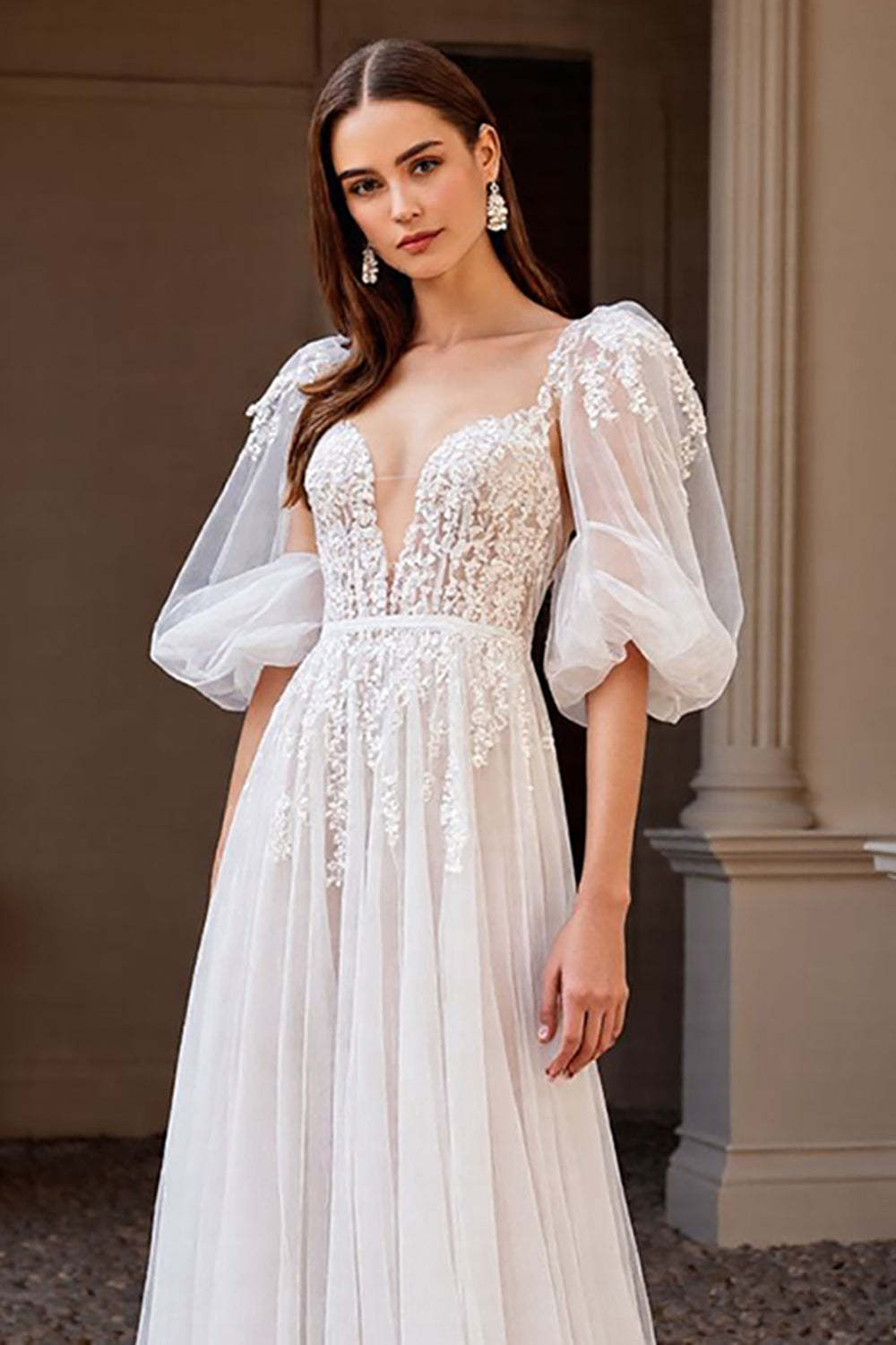 Tulle Ivory Half Sleeves Boho Sweep Train Wedding Dress with Appliques