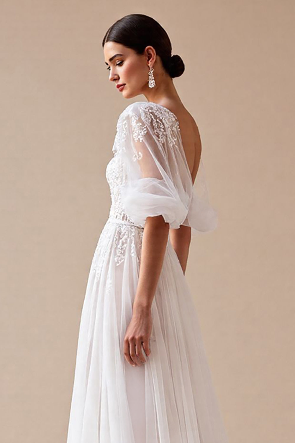 Tulle Ivory Half Sleeves Boho Sweep Train Wedding Dress with Appliques