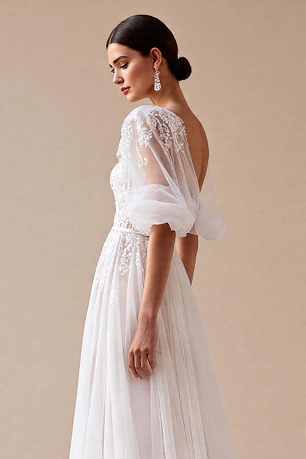 Tulle Ivory Half Sleeves Boho Sweep Train Wedding Dress with Appliques