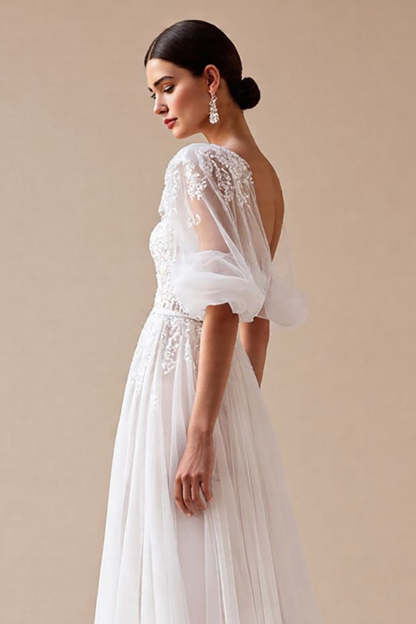 Tulle Ivory Half Sleeves Boho Sweep Train Wedding Dress with Appliques