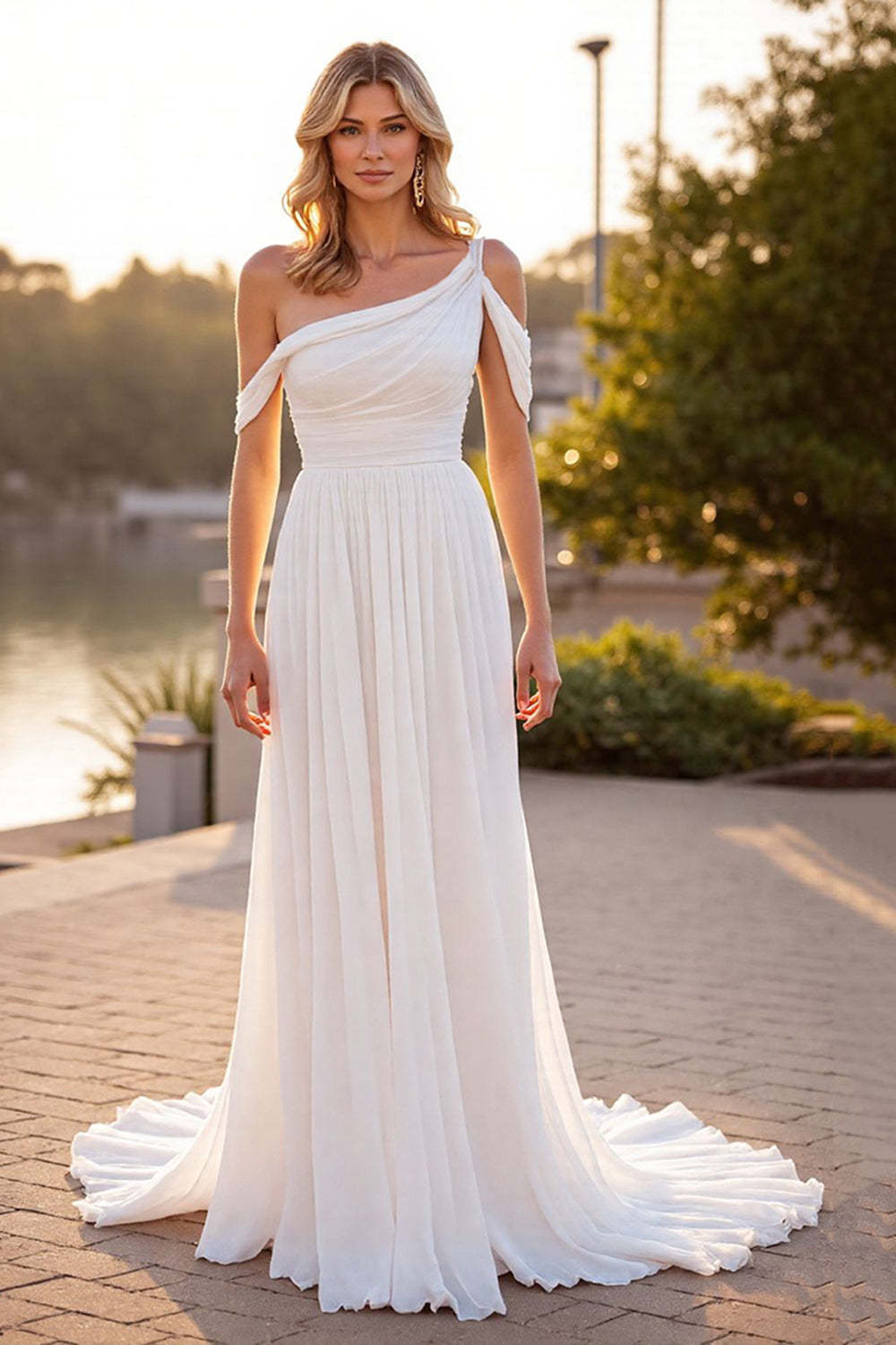 Leely Women Ivory Chiffon Boho Sweep Train Wedding Dress Ruched A Line Backless One Shoulder Bridal Dress