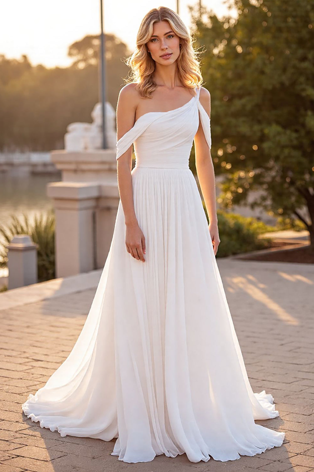 Ivory A Line Ruched Boho Sweep Train Chiffon Wedding Dress