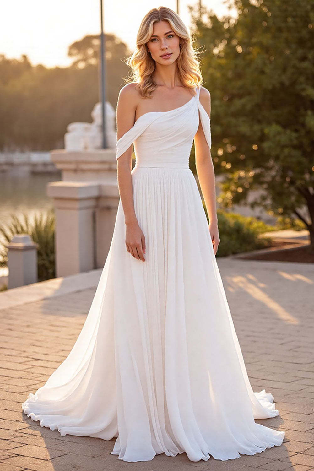 Ivory A Line Ruched Boho Sweep Train Chiffon Wedding Dress