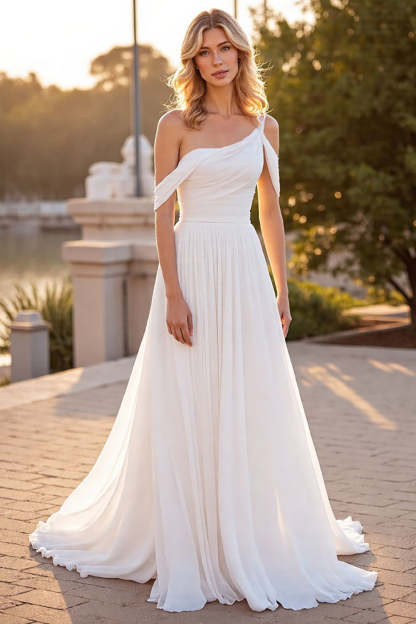 Ivory A Line Ruched Boho Sweep Train Chiffon Wedding Dress
