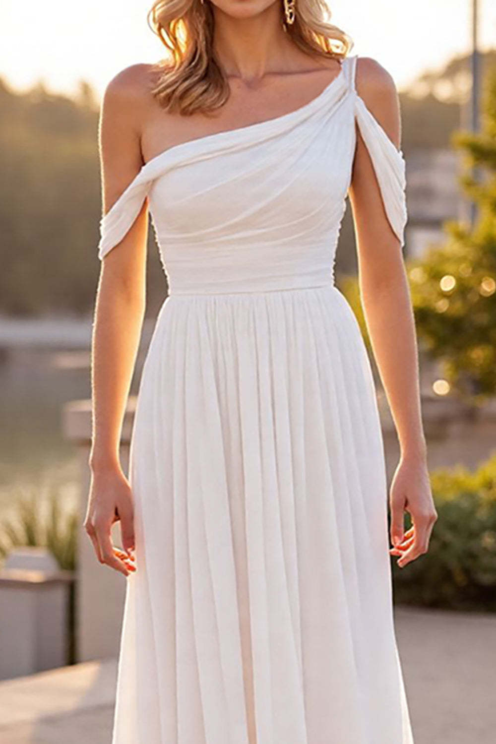 Ivory A Line Ruched Boho Sweep Train Chiffon Wedding Dress