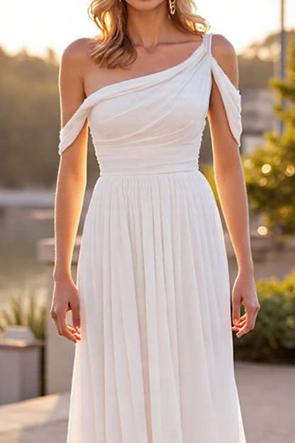 Ivory A Line Ruched Boho Sweep Train Chiffon Wedding Dress