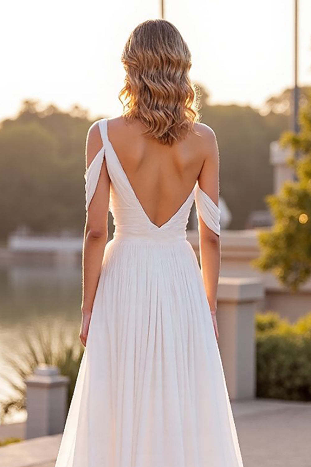 Ivory A Line Ruched Boho Sweep Train Chiffon Wedding Dress