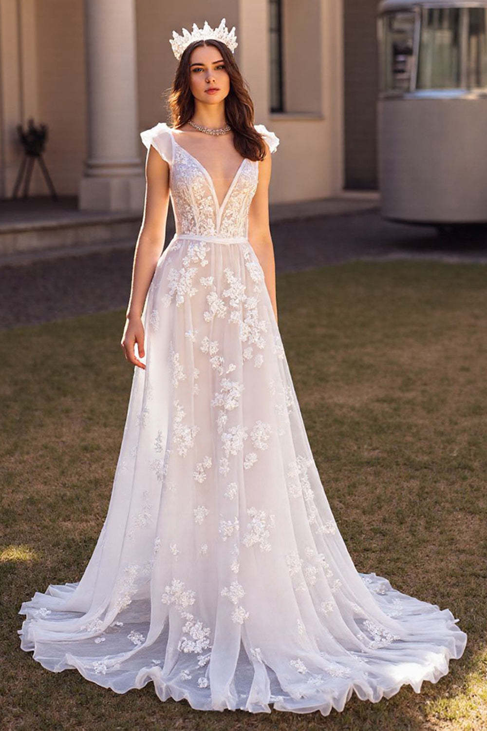 Leely Women Ivory Sweep Train Wedding Dress with Appliques Tulle Deep V-Neck Cap Sleeves Backless A Line Bridal Dress