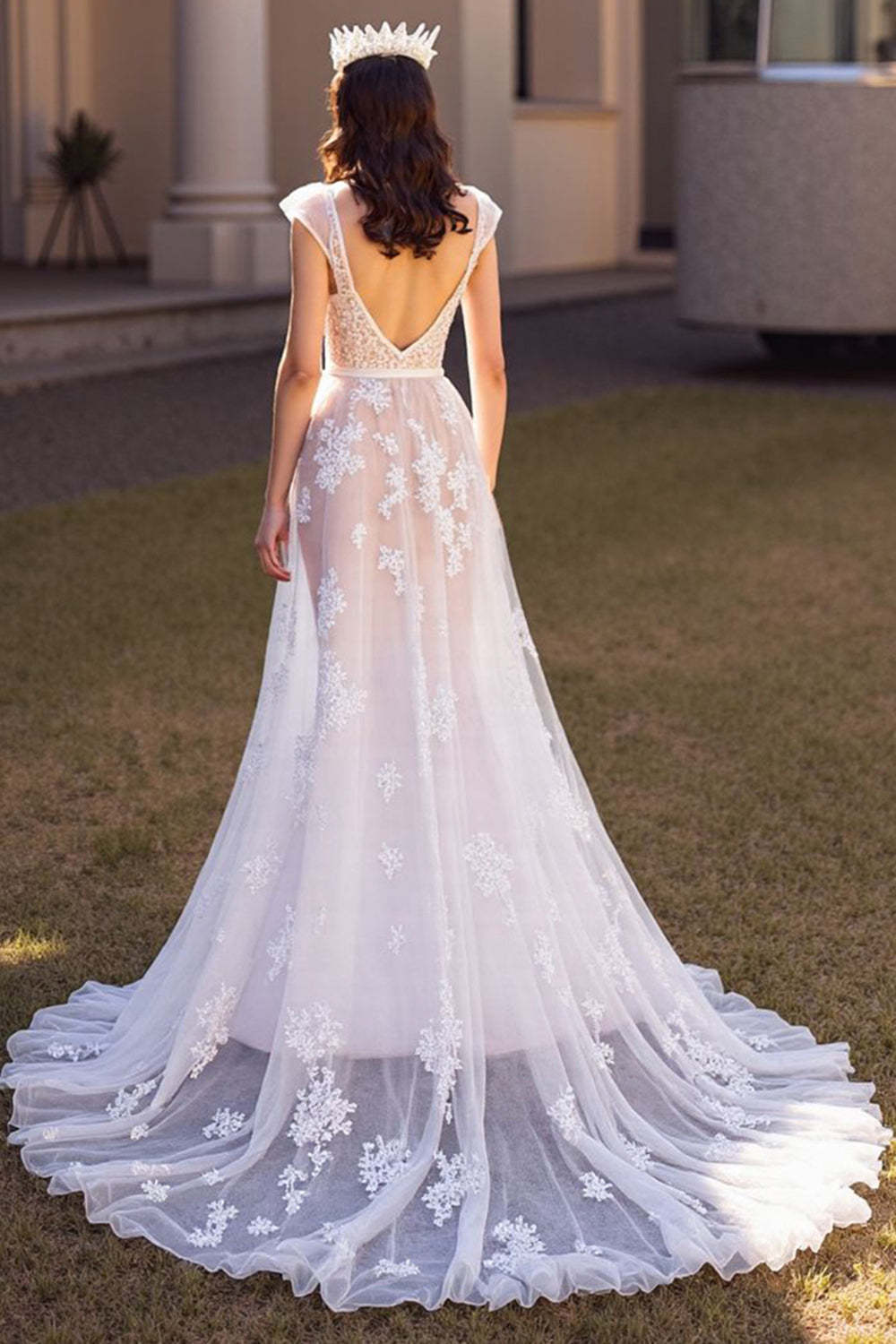 Ivory Cap Sleeves Tulle Sweep Train Wedding Dress with Appliques