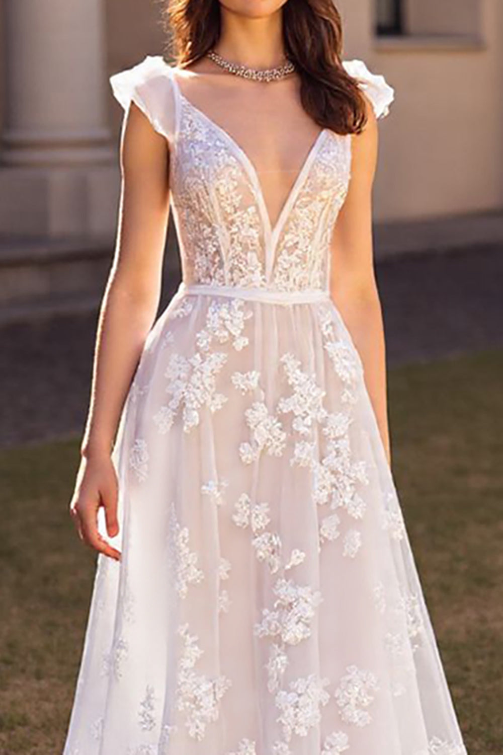Ivory Cap Sleeves Tulle Sweep Train Wedding Dress with Appliques