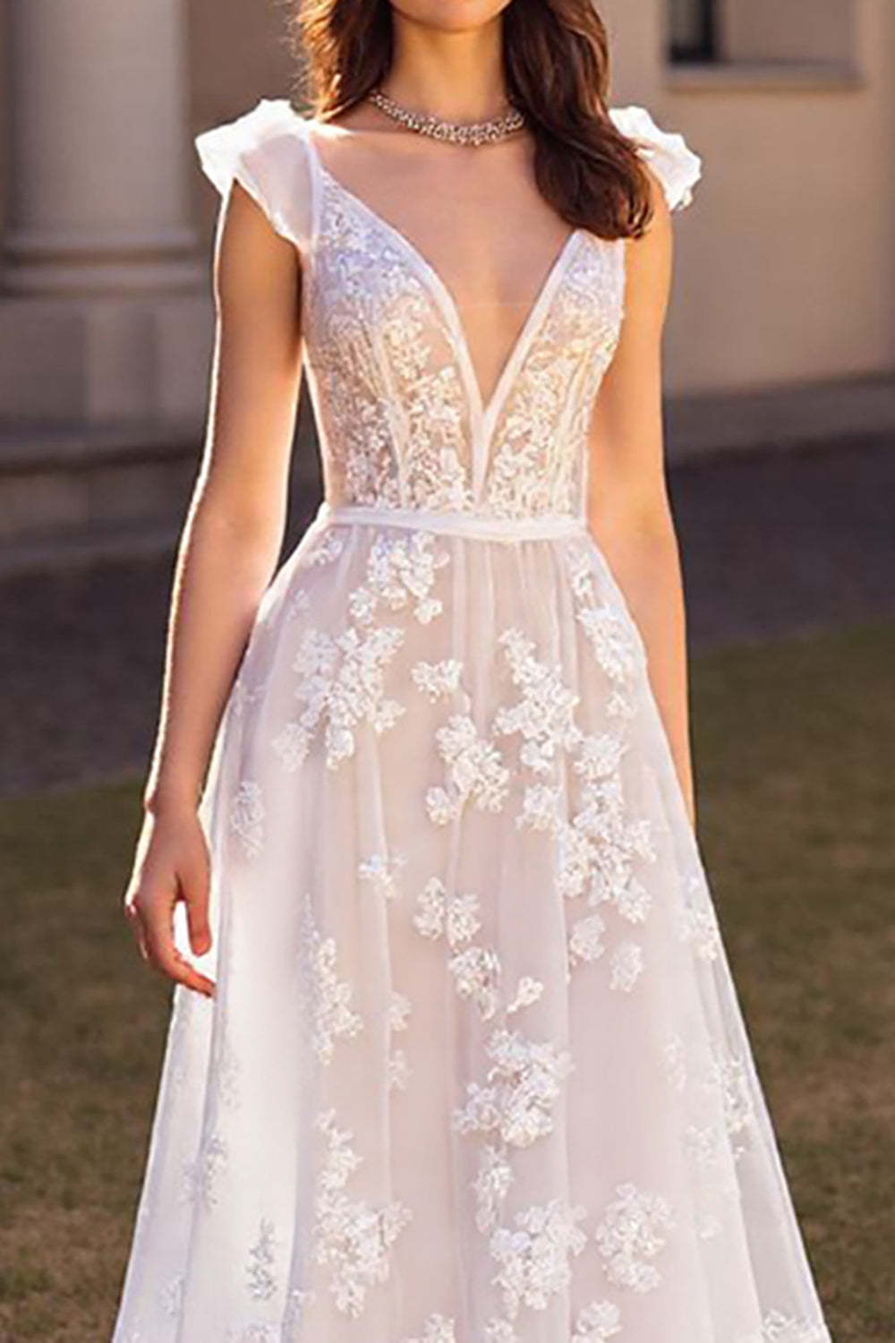 Ivory Cap Sleeves Tulle Sweep Train Wedding Dress with Appliques