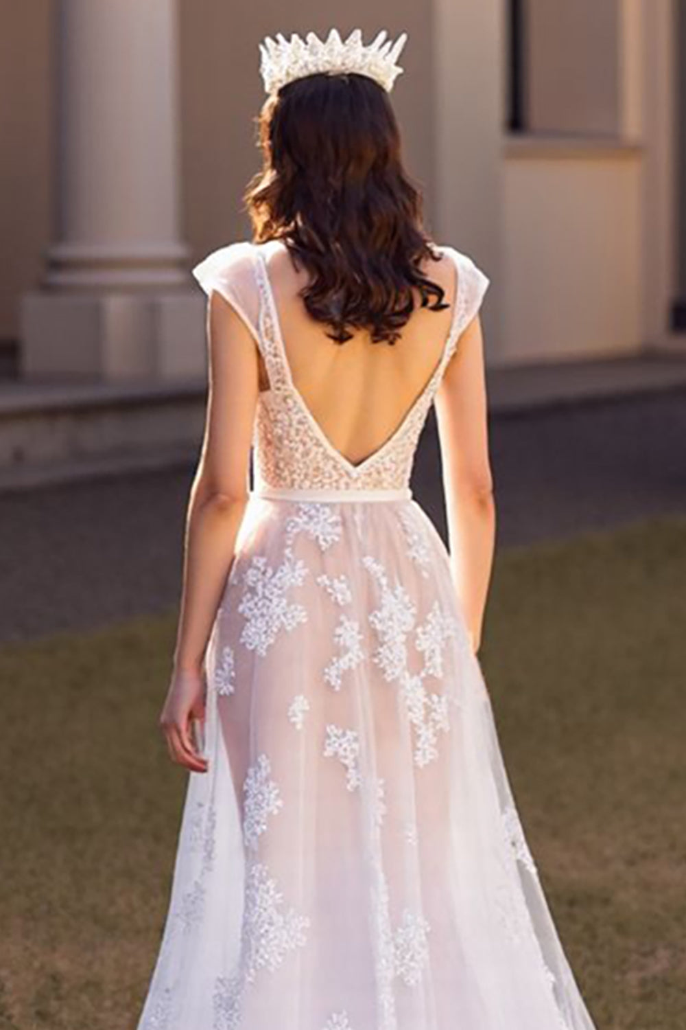 Ivory Cap Sleeves Tulle Sweep Train Wedding Dress with Appliques