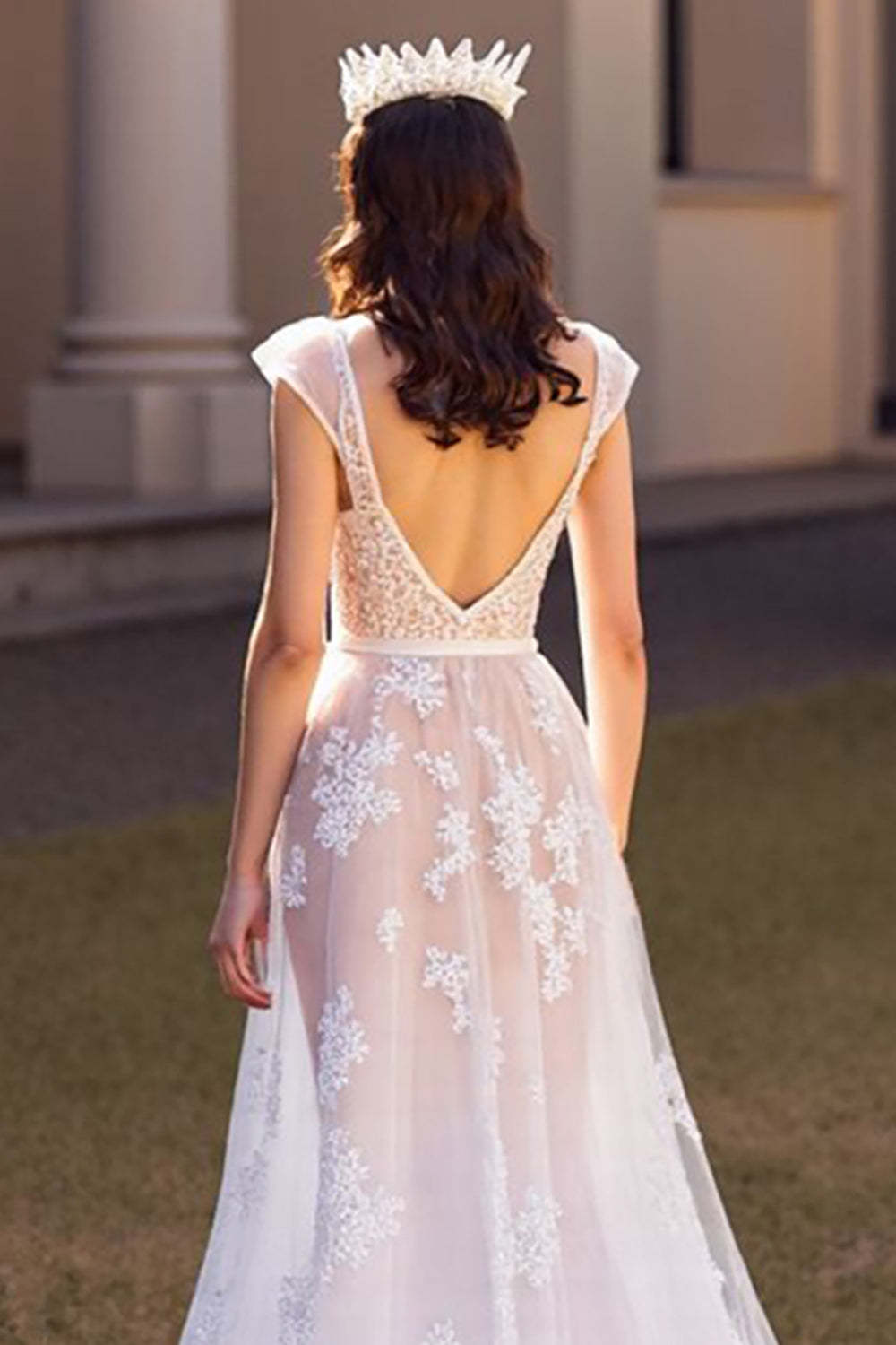 Ivory Cap Sleeves Tulle Sweep Train Wedding Dress with Appliques
