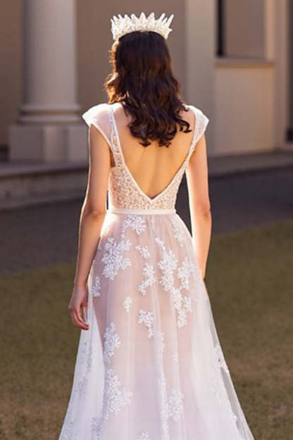 Ivory Cap Sleeves Tulle Sweep Train Wedding Dress with Appliques