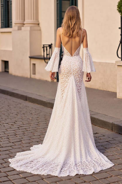Ivory Lace Boho Mermaid Sweep Train Wedding Dress with Sleeves