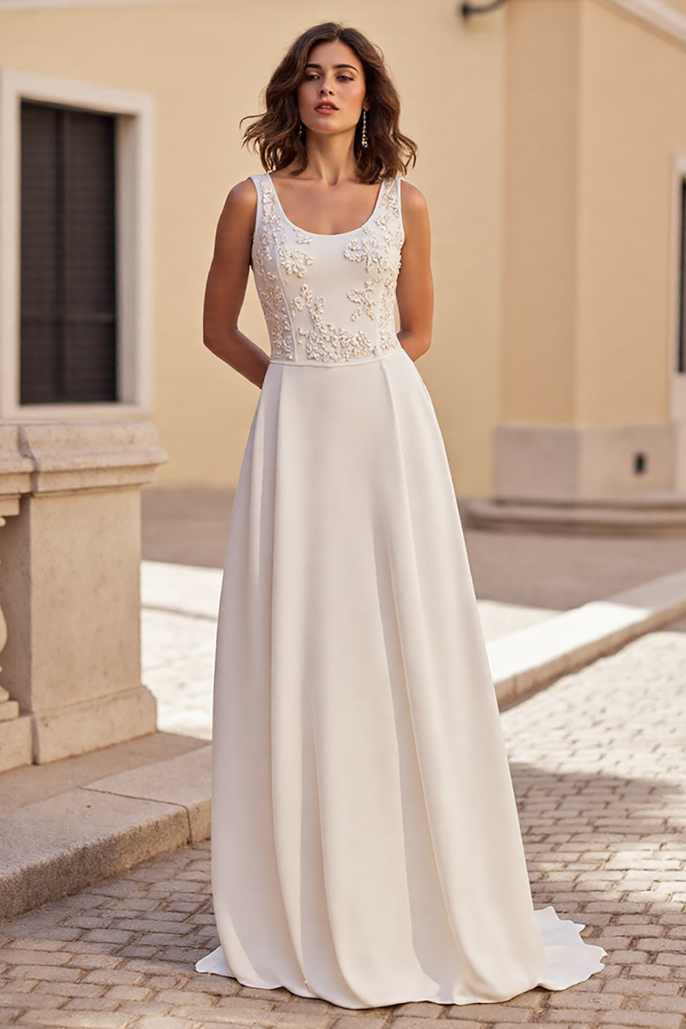 Ivory A Line Scoop Neck Satin Boho Wedding Dress with Appliques