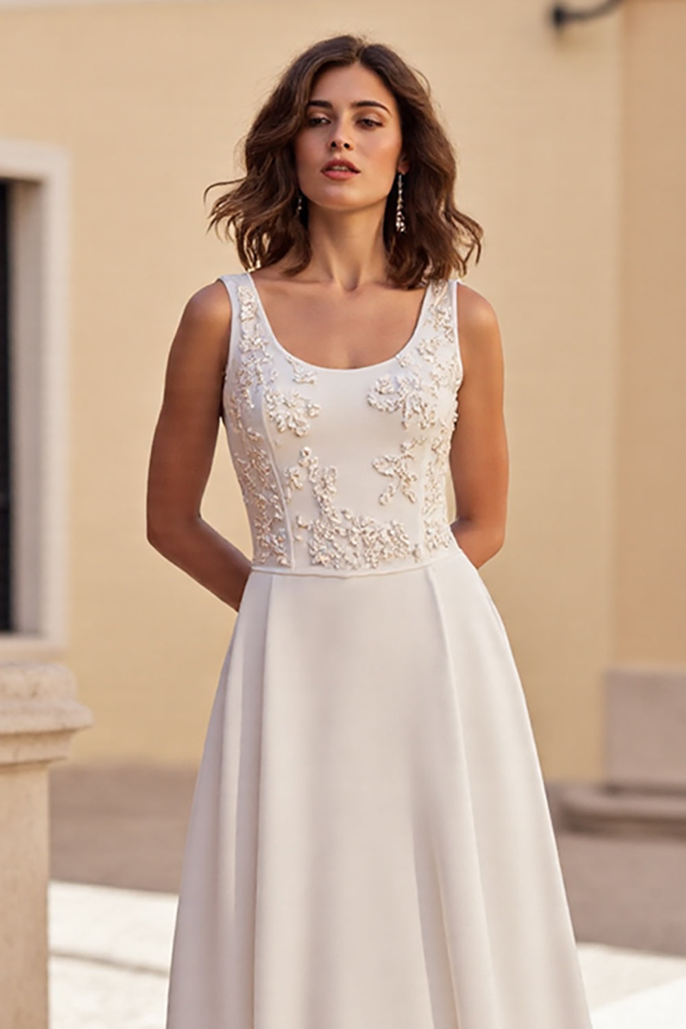 Ivory A Line Scoop Neck Satin Boho Wedding Dress with Appliques
