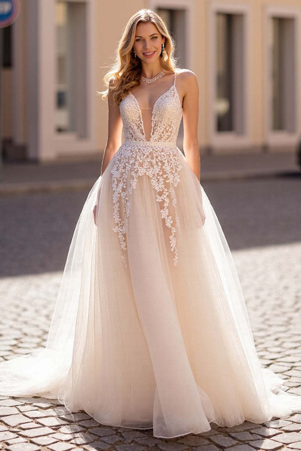Leely Women Ivory Tulle Sweep Train Wedding Dress with Appliques Spaghetti Straps Lace Up Back A Line Bridal Dress
