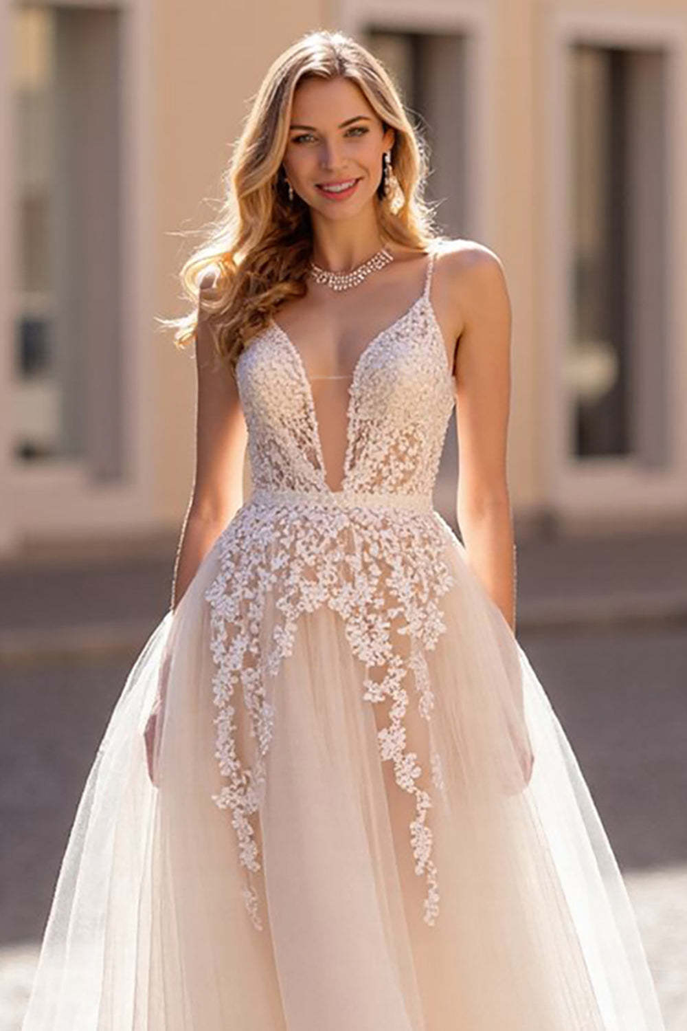 Ivory Spaghetti Straps Tulle Sweep Train Wedding Dress with Appliques