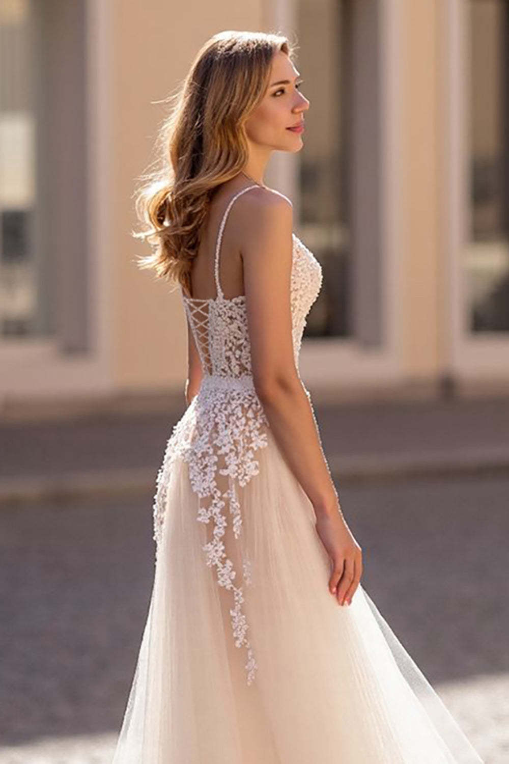 Ivory Spaghetti Straps Tulle Sweep Train Wedding Dress with Appliques