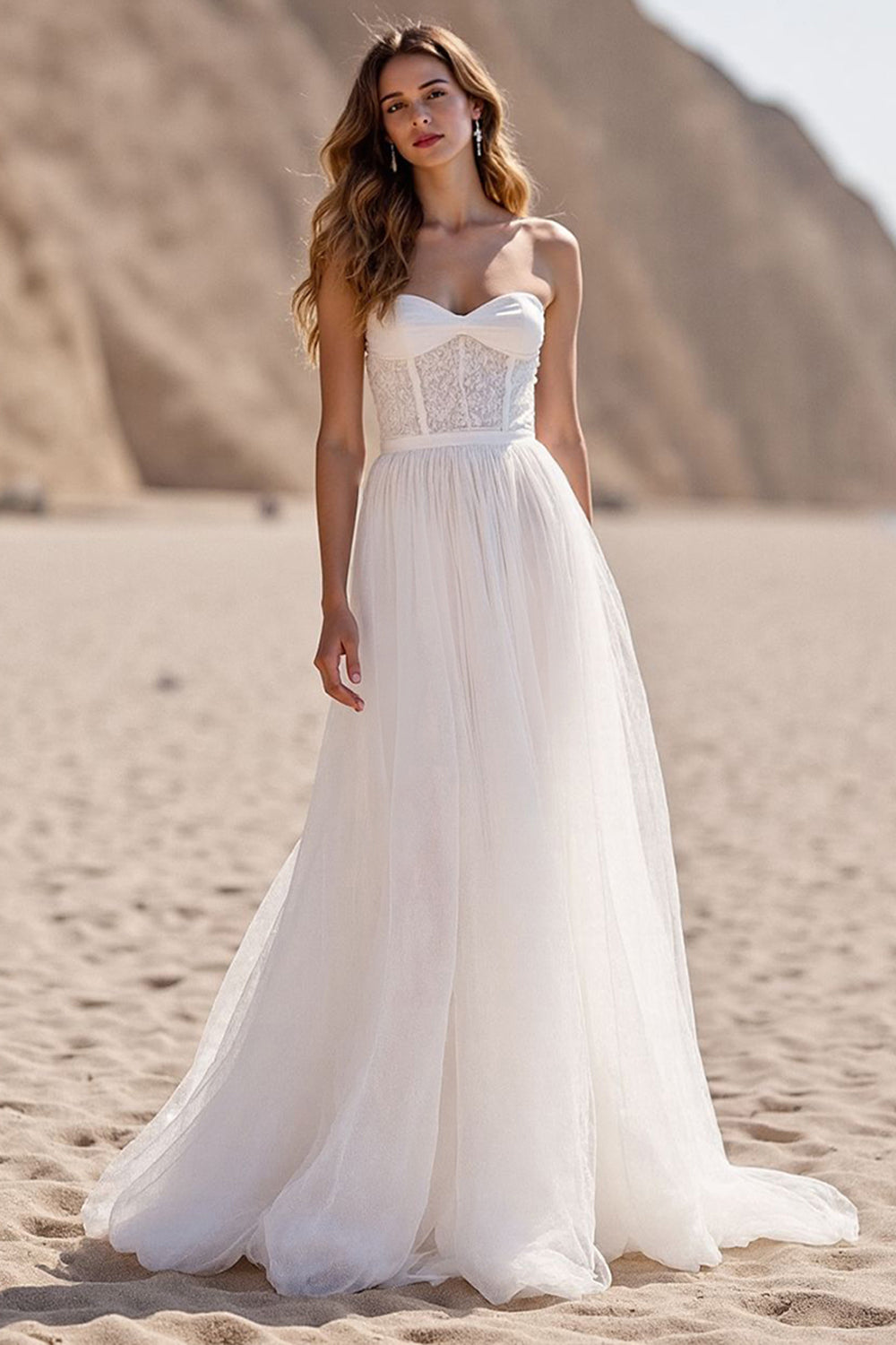 Leely Women Ivory Corset Sweep Train Wedding Dress with Lace Tulle Sweetheart A Line Backless Bridal Dress