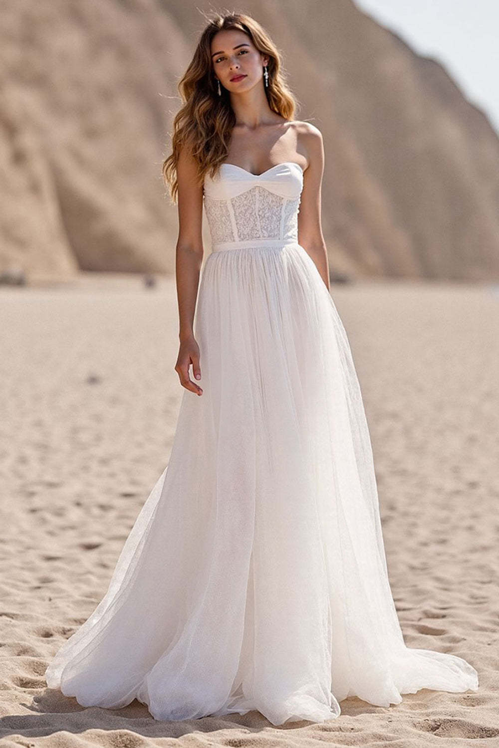 Leely Women Ivory Corset Sweep Train Wedding Dress with Lace Tulle Sweetheart A Line Backless Bridal Dress